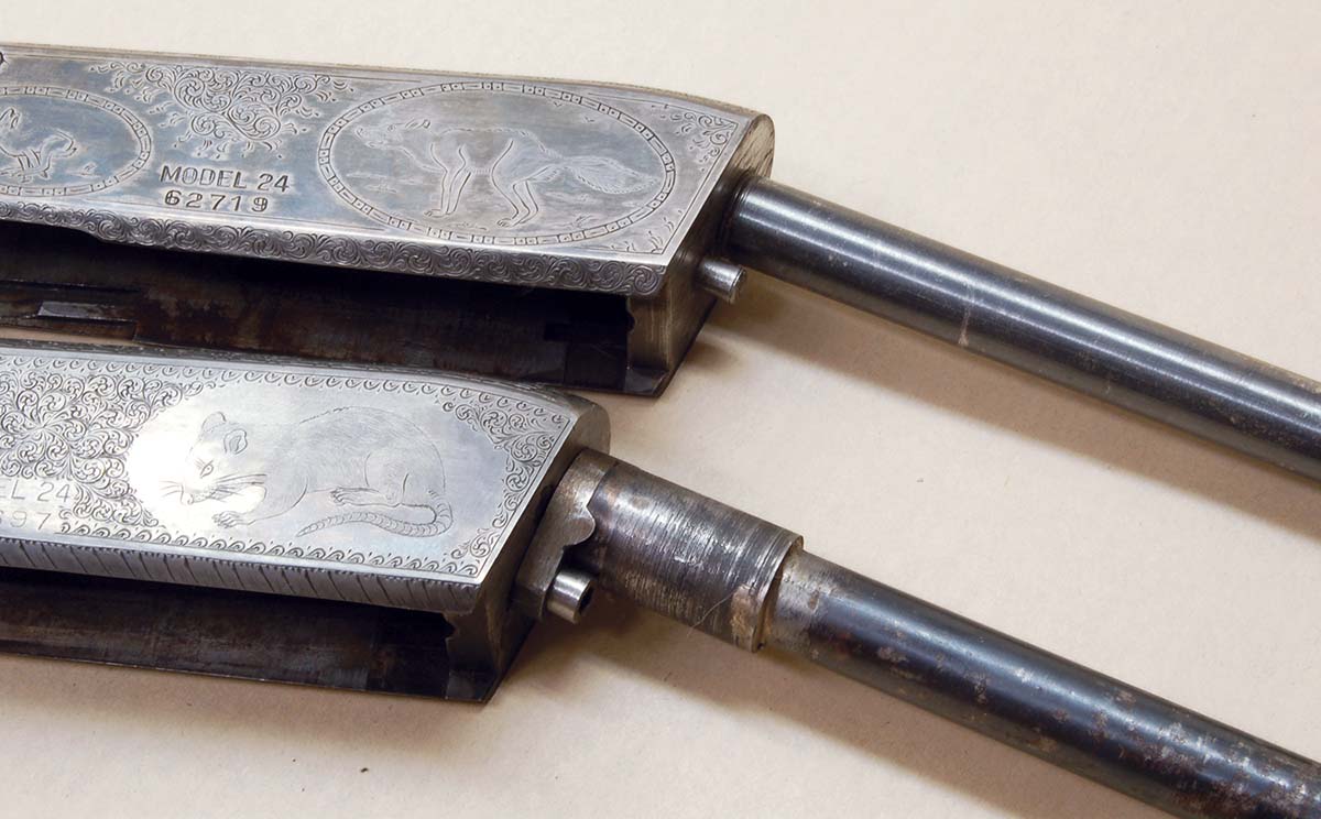 A factory attachment of a magazine tube (top). The receiver (bottom) had a tube broken off at the rear of the receiver; parts were not available, so the repair was made.